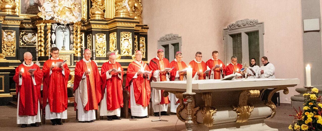 Erzbischof Hans-Josef Becker mit internationalen Konzelebranten. (Foto: Karl-Martin Flüter)