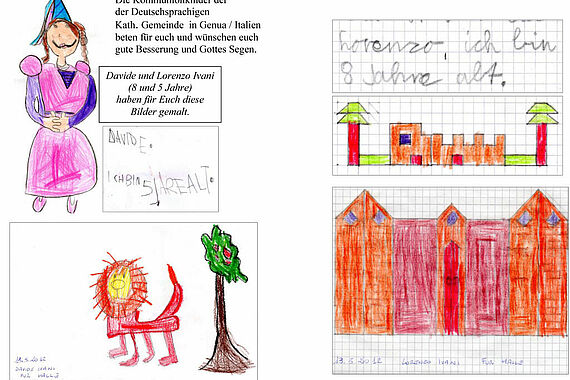 Zeichnungen der Erstkommunionkinder aus der deutschsprachigen Gemeinde in Genua. 