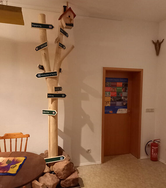 Der "Wegweiser" im Eingangsbereich, den Auszubildende im Don Bosco Jugendwerk gestaltet haben. Noch findet manches Angebot, auf das die Schilder zielen coronabdingt nicht statt. (Foto: Pater Krottenthaler)