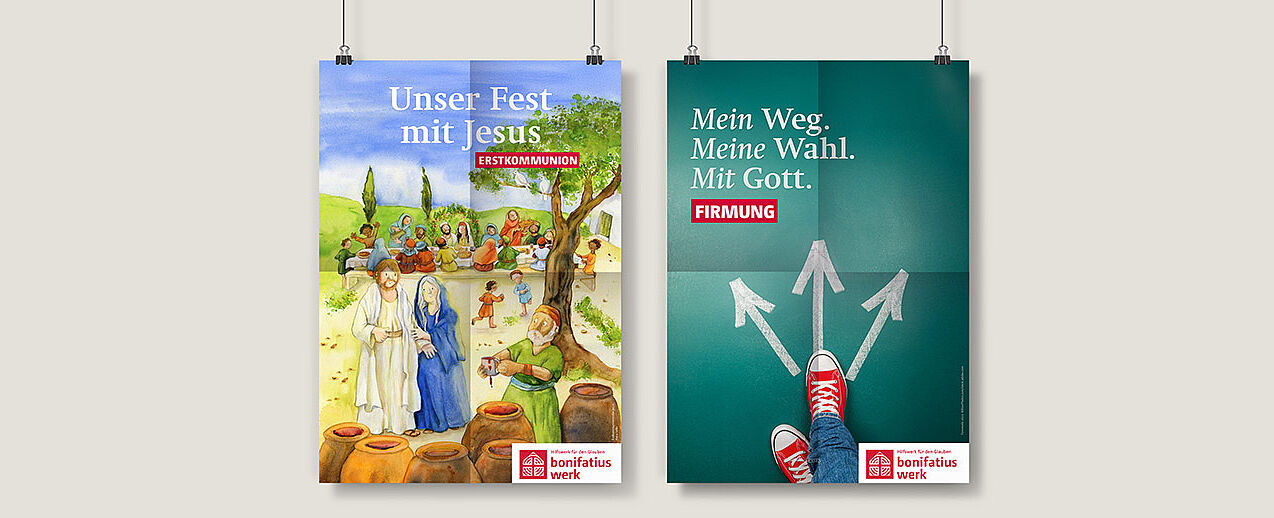 "Unser Fest mit Jesus" und "Mein Weg. Meine Wahl. Mit Gott." lauten die Leitworte der Erstkommunion- und Firmaktion 2027 des Bonifatiuswerkes. (Bild: Bonifatiuswerk)