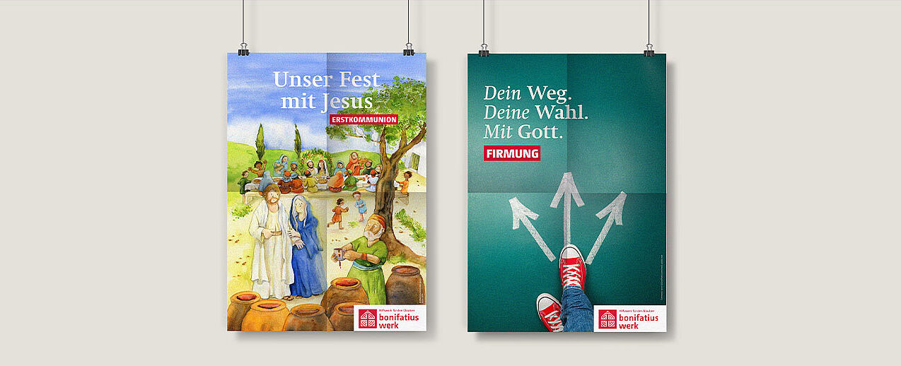 "Unser Fest mit Jesus" und "Mein Weg. Meine Wahl. Mit Gott." lauten die Leitworte der Erstkommunion- und Firmaktion 2027 des Bonifatiuswerkes. (Bild: Bonifatiuswerk)