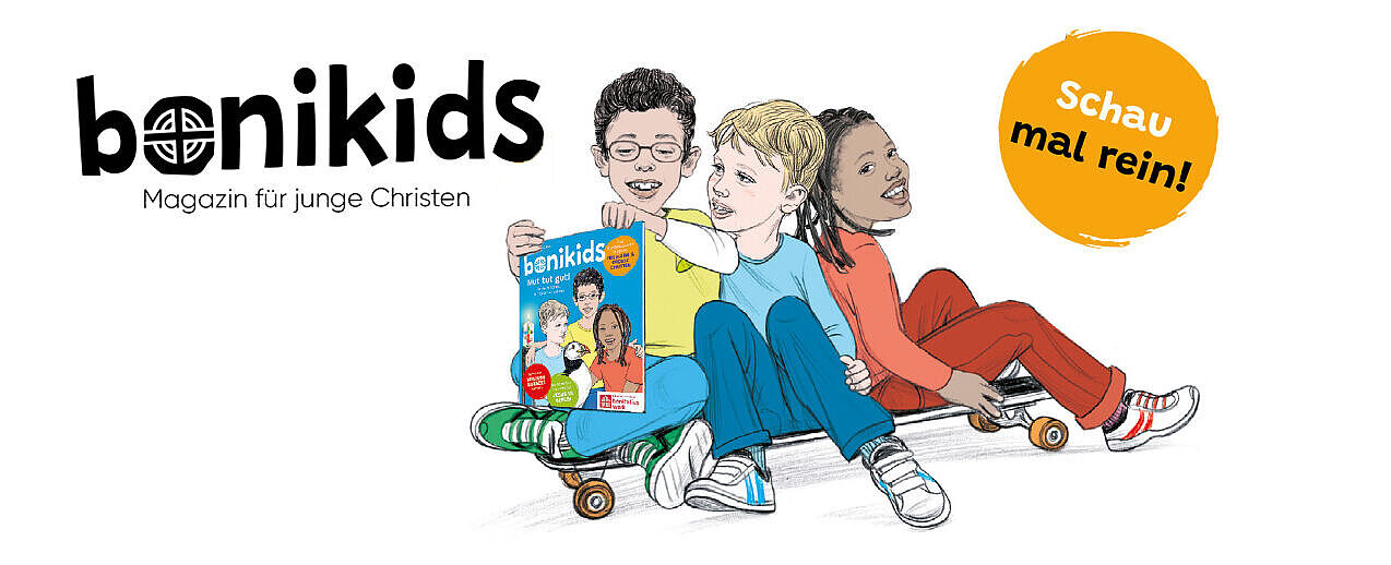Die "bonikids-Reporter" Max, Dhana und Lukas begleiten die jungen Leserinnen und Leser durch das Magazin. 