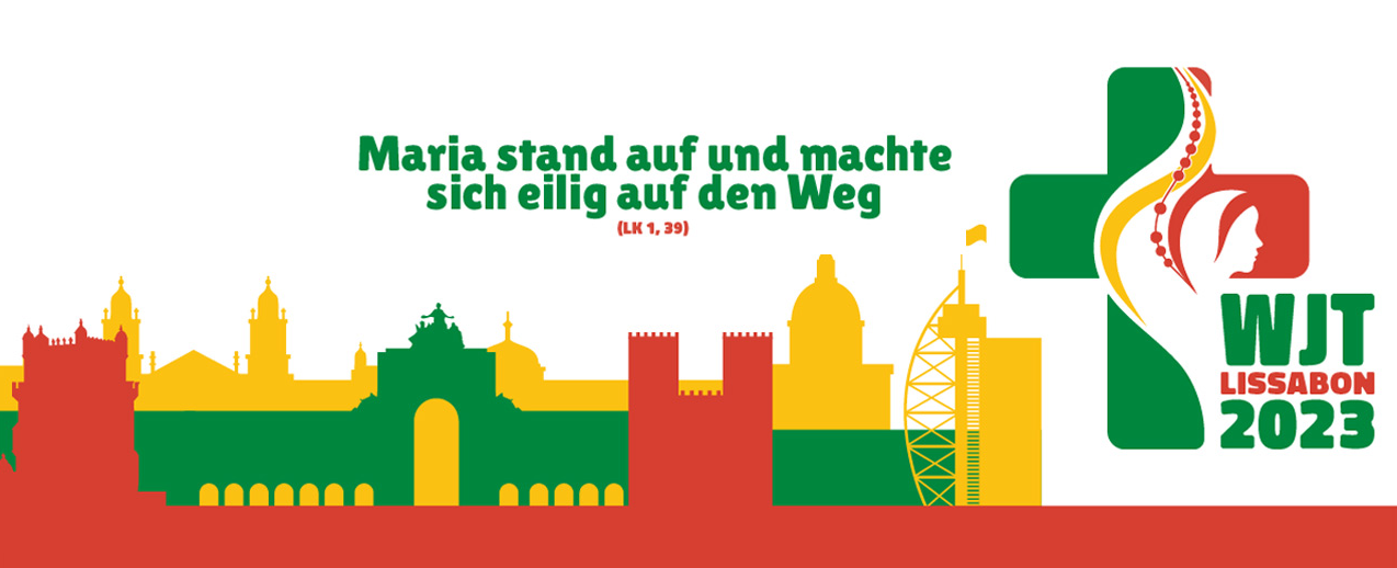 Stilisierte Skyline von Lissabon mit dem Weltjugendtags-Motto 2023 "Maria stand auf und machte sich eilig auf den Weg". (Grafik: JMJ LISBOA 2023 / www.wjt2023.de)