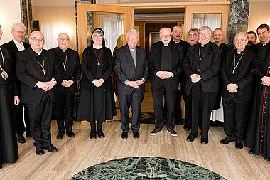 Die Nordische Bischofskonferenz tagt derzeit in Luxemburg – das Bild entstand beim Empfang bei Kardinal Jean-Claude Hollerich (Sechster von links), Erzbischof von Luxemburg. Mit dabei waren unter anderem der schwedische Kardinal Anders Arborelius (Siebter von links), der Apostolische Nuntius in Skandinavien, Erzbischof Julio Murat (Vierter von rechts) Bonifatius-Generalsekretär Monsignore Georg Austen (Siebter von rechts) und der Vorsitzende der NBK, Bischof Czeslaw Kozon (Sechster von rechts). (Foto: Christophe Hubert)