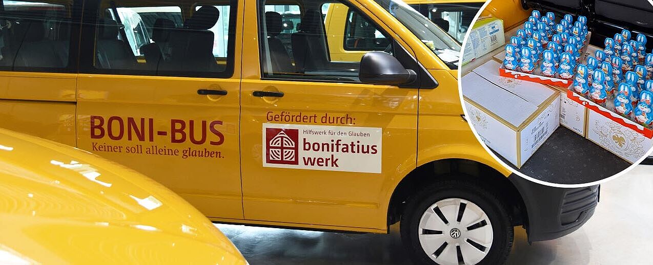 Süße Fracht: Rund 50 Schoko-Osterhasen werden mit dem BONI-Bus transportiert.(Foto: Theresa Meier/Corinna Hess)