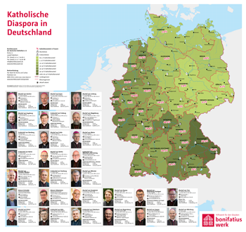 Wandkarte "Katholische Diaspora in Deutschland mit Bistumsinformationen", mit Eckdaten zu den 27 deutschen (Erz-) Diözesen 