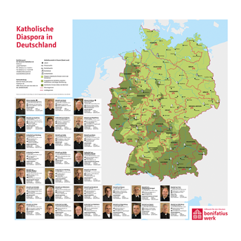 Wandkarte "Katholische Diaspora in Deutschland mit Bistumsinformationen", mit Eckdaten zu den 27 deutschen (Erz-) Diözesen 
