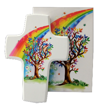 Holzkreuz "Baum/Regenbogen"