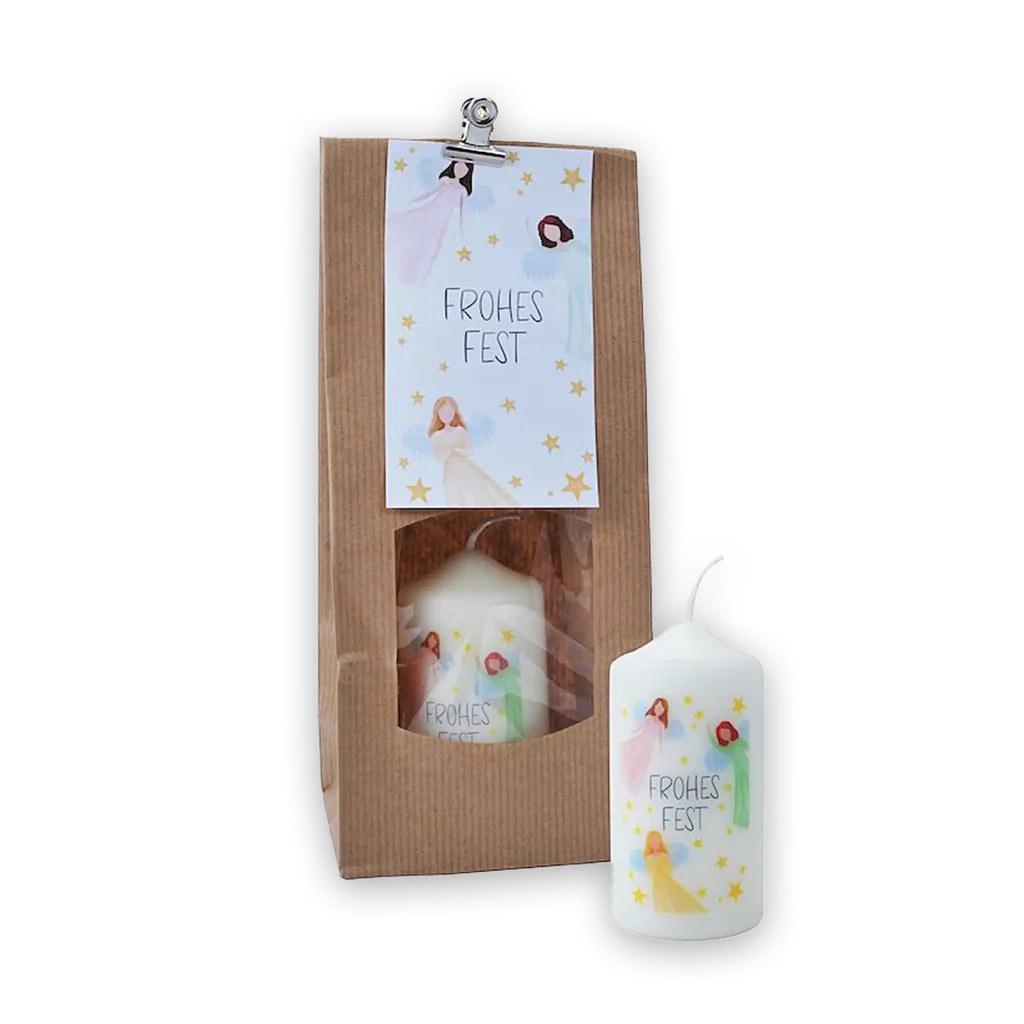 Kerze mit Geschenktüte: "Frohes Fest" mit Engelmotiv